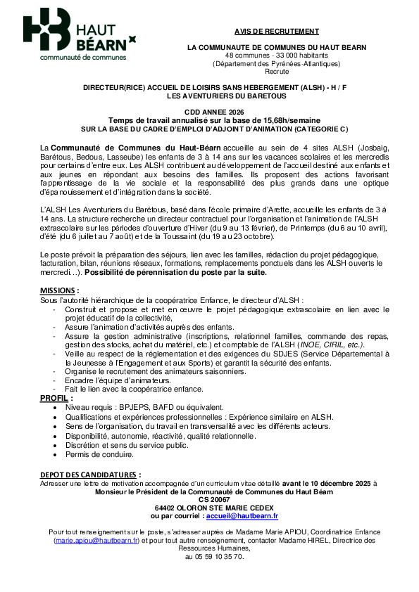 Directeur(rice) accueil de loisirs sans hebergement - les aventuriers du baretous