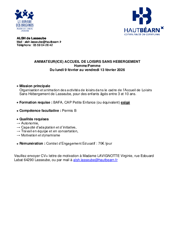 Animateur(ice) accueil de loisirs sans hebergement